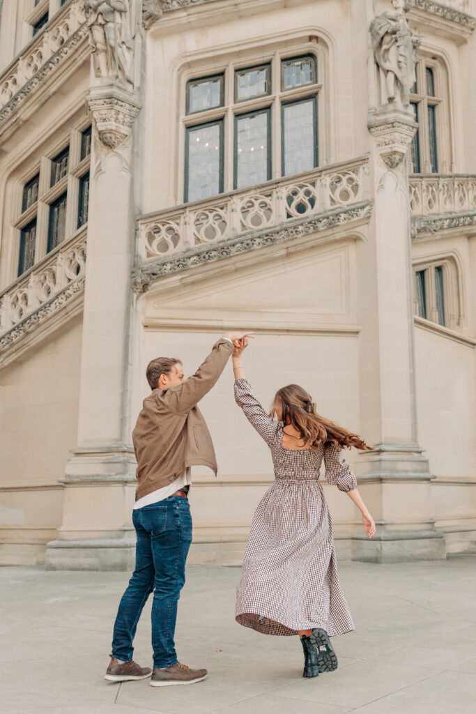 Couples family session with golden retriever dog at the Biltmore Estate at Christmas in Asheville, NC with Rachel Marie Photography