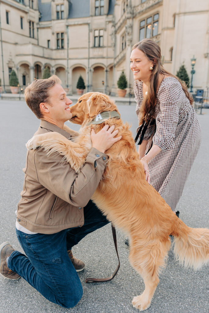 Couples family session with golden retriever dog at the Biltmore Estate at Christmas in Asheville, NC with Rachel Marie Photography