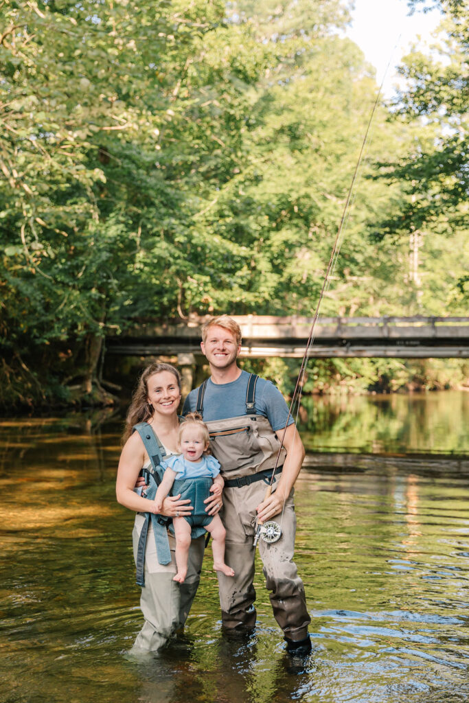 Family goes fly fishing together in the Davidson River in Brevard, North Carolina near Hendersonville and Asheville, NC and is photographed by asheville family photographer Rachel Marie Photography