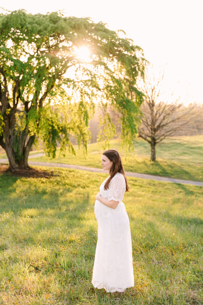 pregnant mother holds belly during maternity photoshoot while on babymoon vacation in asheville, nc