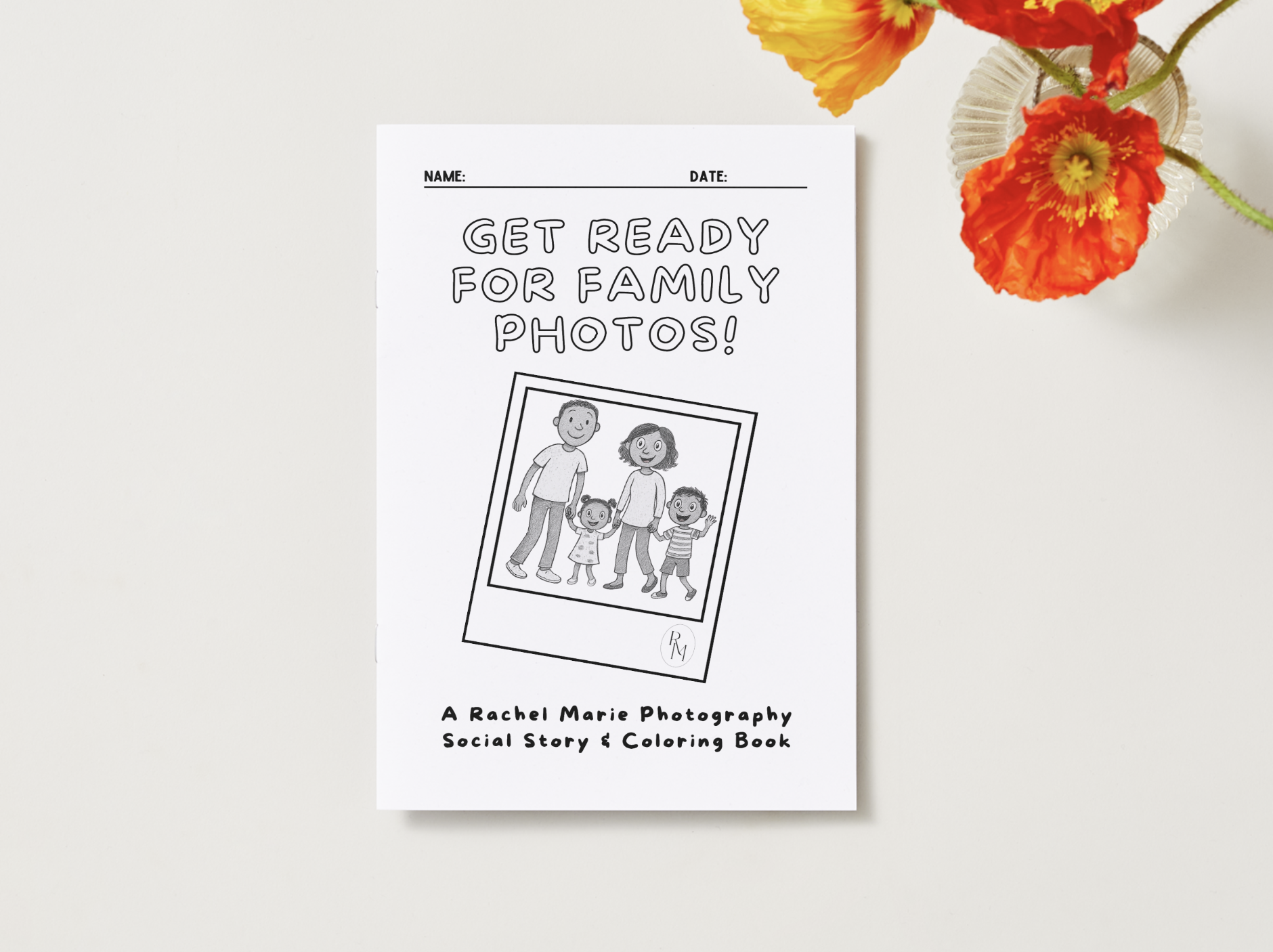 Family Photography Social Story and Coloring Book for Kids to complete to prepare for what a photo session is going to be like
