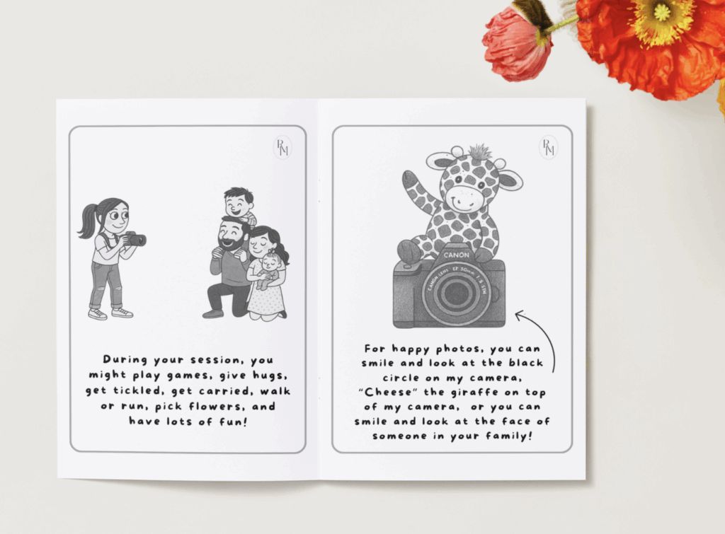 Family Photography Social Story and Coloring Book for Kids to complete to prepare for what a photo session is going to be like