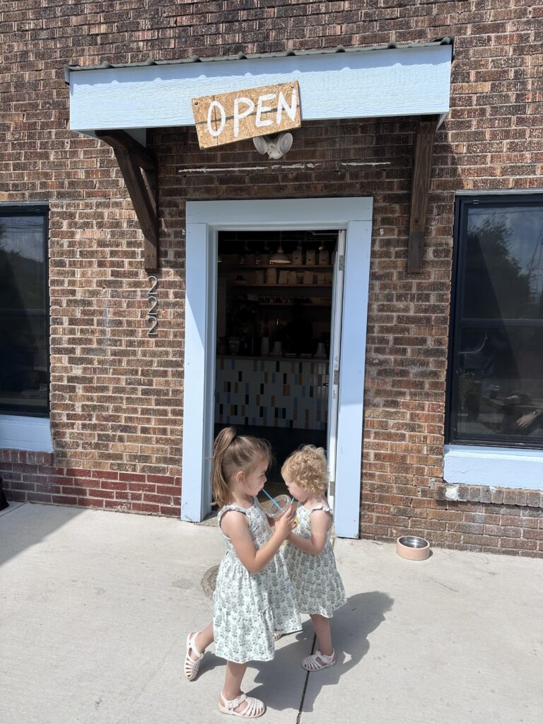 two toddler sisters in dresses walk around front of Short Sleeves Coffee Shop in Swannanoa while sipping on water cups