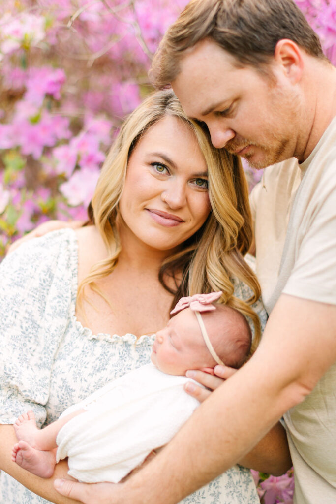 mom and dad hold newborn baby girl in front of a large pink azalea bush at the Biltmore Estate Azalea Gardens in Asheville, NC