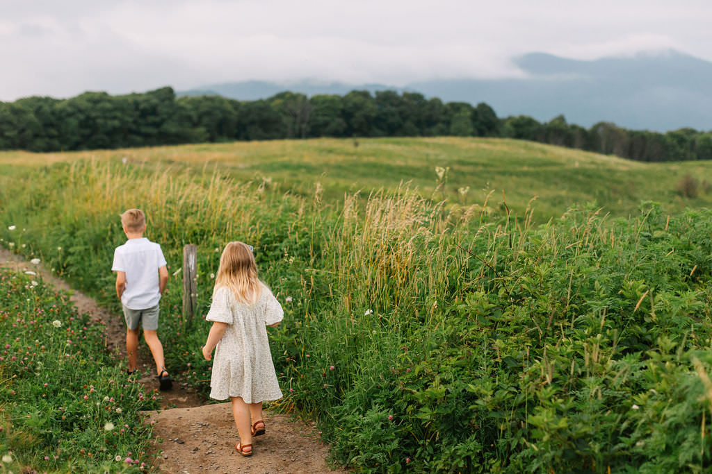 Brother and sister hike down the mountainside during fun family adventure photo session with asheville family photographer Rachel Marie Photography